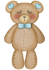 Teddy bear character cute baby boy,hand drawn pastel color for baby newborn childish greeting cards or invitations. Colorful drawing.