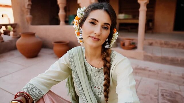 Indian influencer, north Indian attire of a=Anarkali kurta