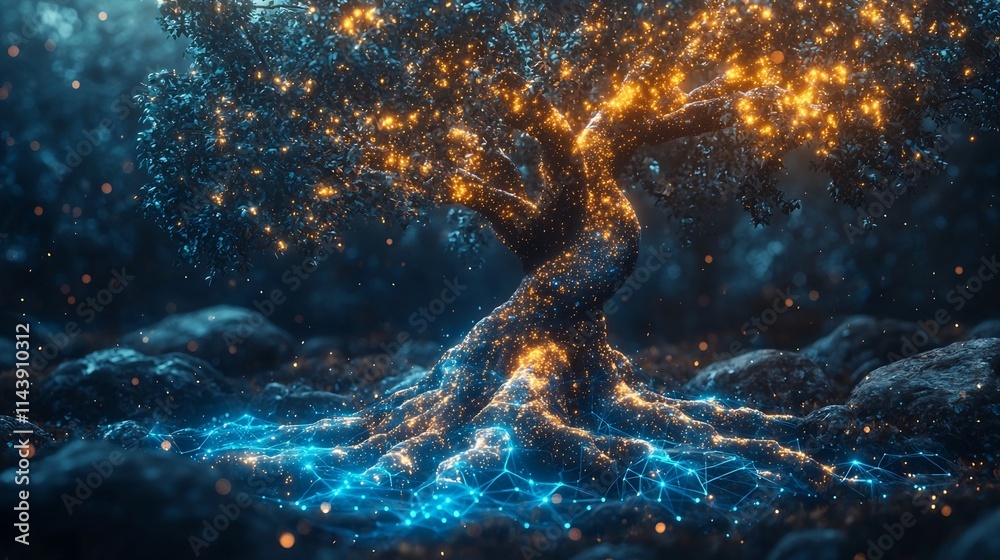 Poster futuristic tree with flowing data streams symbolizing tech powered growth