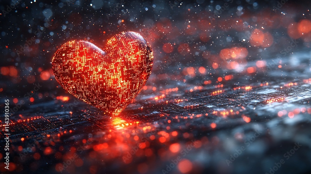 Poster glowing heart with binary code weaving symbolizing technology and emotion connection