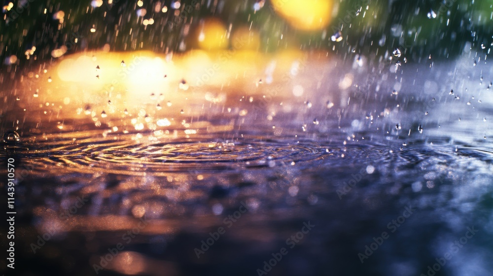 Poster close-up view of rain droplets creating ripples on water surface in soft evening light