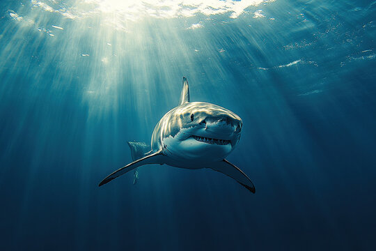 Photo of a white shark underwater. The rays of the sun illuminate the sharks under the blue water.