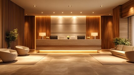 Modern minimalist hotel salon, smooth panel walls, minimalist and stylish furniture design. The soft and blurry background creates a refined atmosphere for luxurious interior design.