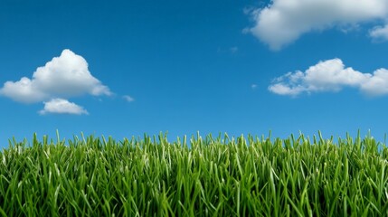 Obraz premium Green Grass and Blue Sky: A vibrant, lush carpet of green grass stretches towards a clear blue sky, dotted with fluffy white clouds. The image exudes serenity and tranquility.