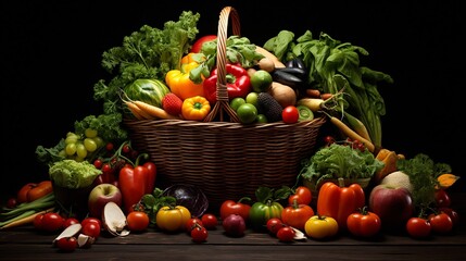 Overflowing basket filled with a vibrant assortment of freshly picked fruits and vegetables from the local farm showcasing the bountiful harvest of the season