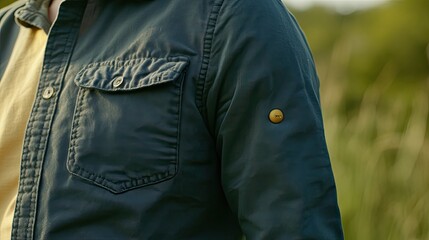 Close-up of a Person's Arm in a Green Button-Up Shirt Against a Natural Background Showcasing Textured Fabric and Outdoor Style