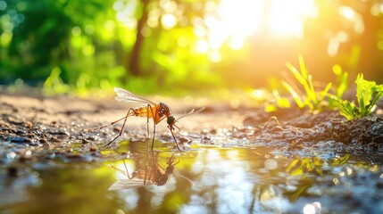 Close-Up of a Mosquito Feeding Near a Shimmering Pool of Water Under a Bright Sunlight in a Vibrant Green Nature Setting