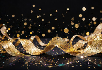 Festive background with confetti and gold ribbons conveys the atmosphere of a holiday, event