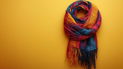 Colorful knitted scarf on yellow background.