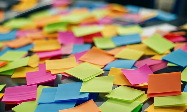 A colorful array of sticky notes scattered on a surface, suggesting brainstorming or organization.