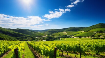Fototapeta premium Lush Vineyard with Rows of Grapevines Under a Clear Blue Sky Showcasing Serene Countryside Landscape for Agricultural Winemaking or Viticulture Concepts