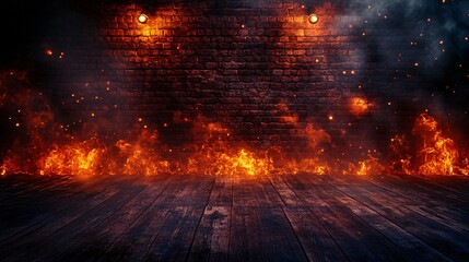 Obraz premium A dramatic scene featuring glowing flames against a textured brick wall, creating an intense atmosphere.
