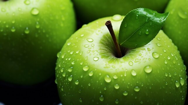 Closeup of lush green apples with a glossy polished finish and glistening water droplets set against a fresh green background showcasing the natural beauty and purity of this nutritious fruit - Powered by Adobe