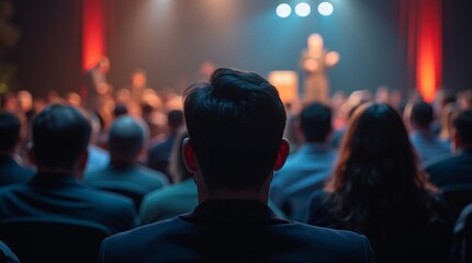 Crowd of people seated in a darkened auditorium, facing a stage where a person is standing, likely giving a speech or presentation. The audience appears attentive, and the stage is illuminated.