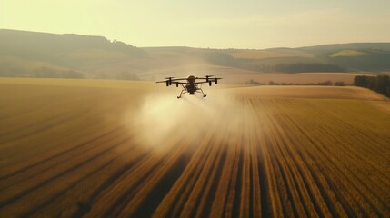 Fototapeta premium Aerial view of a drone spraying pesticides over a large agricultural field showcasing the use of modern technology in precision farming and crop management