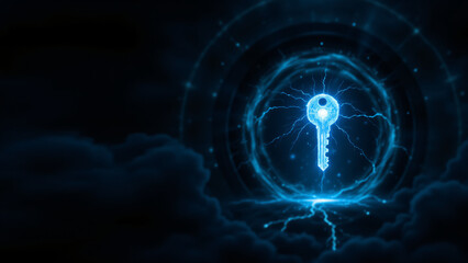 A captivating blue key surrounded by glowing energy, symbolizing unlocking potential and mystery.