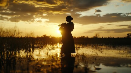 Woman Standing in Silhouette by Water at Sunset, Beautiful Reflection in Still Water Surrounded by Lush Grass and Vibrant Sky, Nature and Serenity Captured in an Ethereal Scene