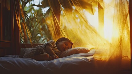 Serene Child Sleeping Peacefully on a Soft Bed with Golden Sunlight Filtering Through a Sheer Curtain, Creating a Warm and Cozy Atmosphere in Nature