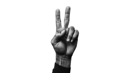 Black hand showing peace gesture on transparent PNG background