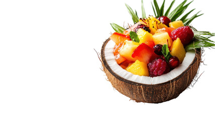 Delightful Tropical Fruit Salad Served in a Coconut Shell - Perfect for Summer Events and Refreshing Desserts.