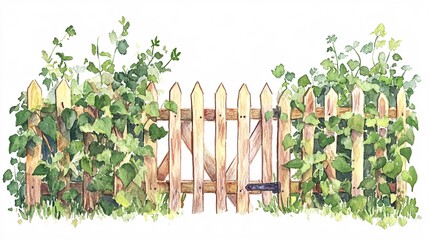 Obraz premium A charming wooden picket fence adorned with lush green vines, evoking a serene and inviting garden atmosphere.