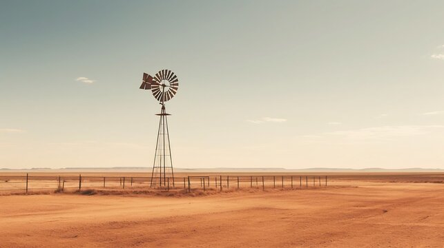 Majestic windmill standing tall in a vast picturesque agricultural landscape  The serene countryside scene features rolling fields a clear blue sky