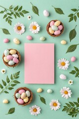 A cheerful Easter arrangement with pastel-colored eggs in decorative nests, daisies, and a blank card on a mint green background. A festive and vibrant spring design.