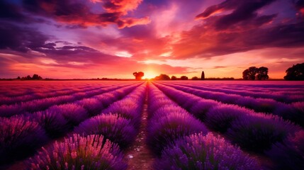 Obraz premium A lush fragrant lavender field in full bloom bathed in the warm glow of a vibrant sunset The serene pastoral landscape creates a dreamlike enchanting scene
