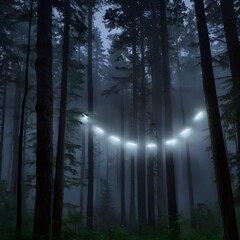 Fototapeta premium Mysterious UFOs in formation flying above a dense forest, their lights piercing through a thin layer of mist under a twilight sky,Generative Ai 