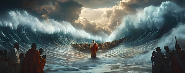 Moses separate the sea in exodus. Israelites crossing the red sea. Biblical and religion illustration. Happy Passover, Pesah
