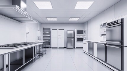 Modern industrial kitchen featuring stainless steel appliances and a sleek design.