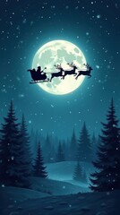 Naklejka premium Santa Claus and Reindeer Silhouette against a Full Moon