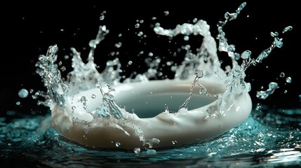 Dynamic Water Splash in a Dark Background, Capturing the Moment of Impact with Droplets and Waves Forming Around a White Circular Object in a Tranquil Setting