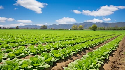 Lush verdant field of bright green lettuce plants flourishing under the warm glow of a sunny blue sky in a tranquil natural outdoor setting  This serene