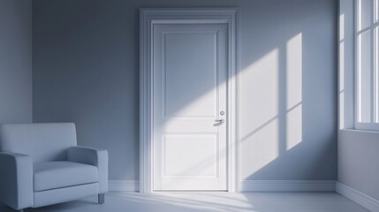 Fototapeta premium A serene interior featuring a white door and a soft gray armchair, illuminated by gentle sunlight filtering through the window.