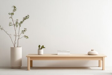 Minimalist interior design featuring natural wood furniture and potted plants against a clean, white backdrop, showcasing modern decor aesthetics and calming atmosphere