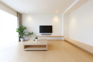 Modern minimalist living room interior design featuring a sleek television, wooden furniture, potted plants, and ample natural light for a serene atmosphere
