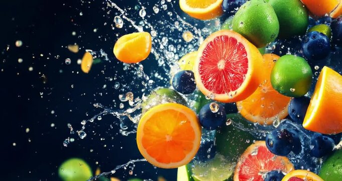 Fresh fruits, and splashes of water. Colorful fruits and vegetables. Fresh organic food. Healthy fresh rainbow colored fruits and vegetables. Fruits splashing into water