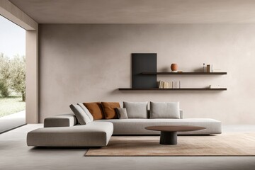 Modern minimalist living room interior featuring a stylish sectional sofa, warm accents, and a sleek coffee table in a serene, natural setting