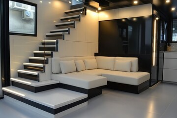 Modern Minimalist Tiny House Interior with Stylish Staircase and Sectional Sofa