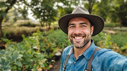 A person in a hat standing in a lush garden.
