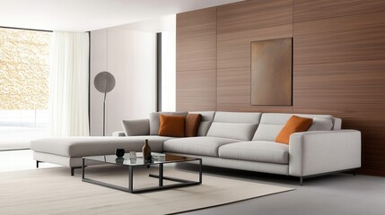 Modern Living Room with Stylish White Sofa and Orange Cushions Set Against a Wooden Wall in an Elegant Interior Design Setting