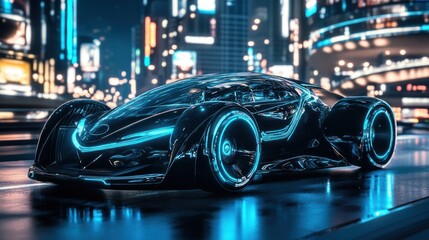 Fototapeta premium Futuristic black electric car on city street at night.
