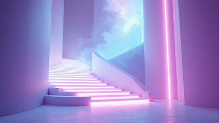 A captivating scene featuring luminous pink stairs ascending towards a tranquil blue sky backdrop.