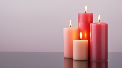 Colorful candles on a reflective surface, exuding warm ambiance.