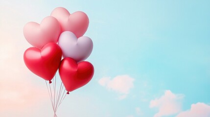 Fototapeta premium Colorful heart-shaped balloons floating against a blue sky.