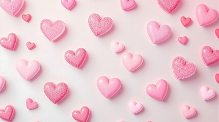 Fototapeta premium Pink hearts of various sizes and textures scattered on a light background