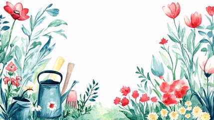A vibrant watercolor illustration featuring blooming flowers, gardening tools, and lush greenery, perfect for spring celebrations.