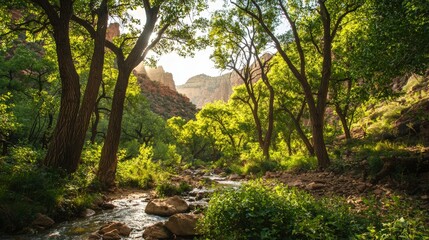 Naklejka premium Tranquil stream flowing through lush valley nature landscape peaceful environment serene viewpoint for relaxation