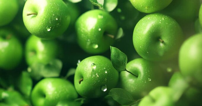 Bright green apples background, top view seamless pattern. Close up of fresh apple fruit background with leaves, top view. Photorealistic high resolution macro photography for advertising.
